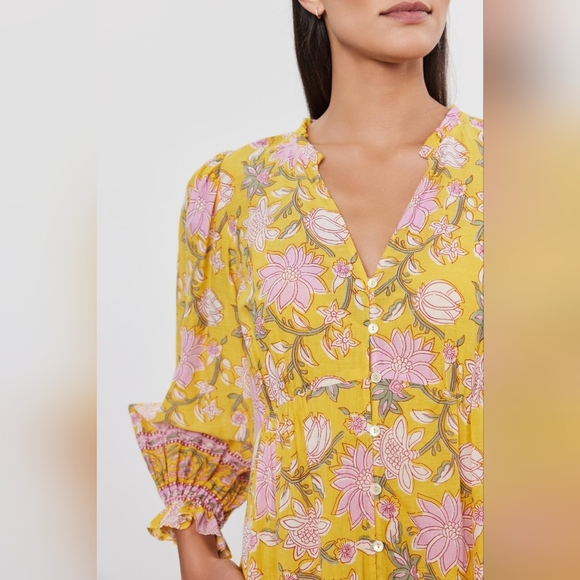 Velvet by Graham & Spencer Mary Dress Size S Yellow Floral Ruffle V Neck EUC - Picture 2 of 5
